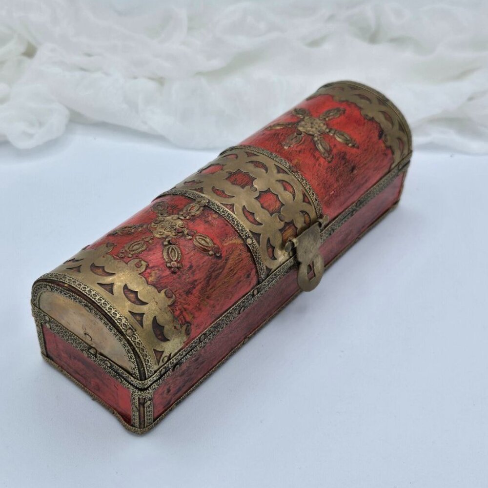 Red & Brass Trinket Chest | Vintage Indian Pen Box | KALAMDAN | Keepsake Case